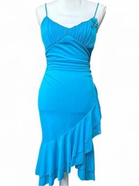 Y2K Bright Turquoise One-Shoulder Ruffle Dress